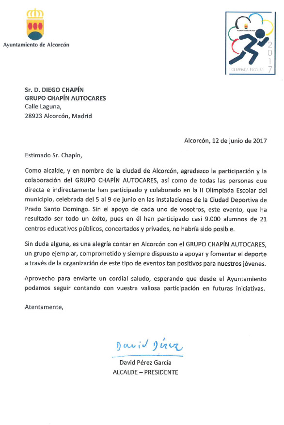 Carta de agradecimiento del alcalde de Alcorcón al Grupo 